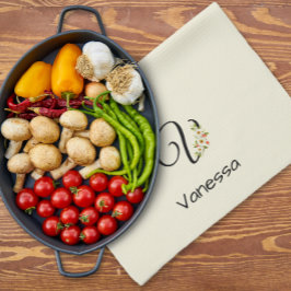 Waterverf botanisch zwart initiaal monogram theedoek