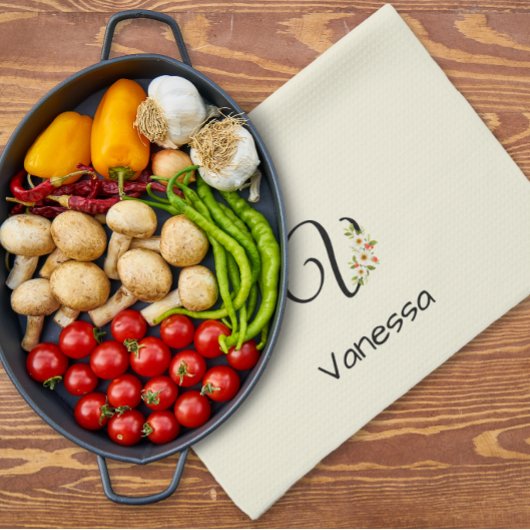 Waterverf botanisch zwart initiaal monogram theedoek