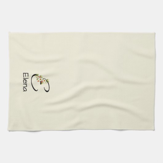 Waterverf botanisch zwart initiaal monogram theedoek (Horizontaal)