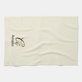 Waterverf botanisch zwart initiaal monogram theedoek