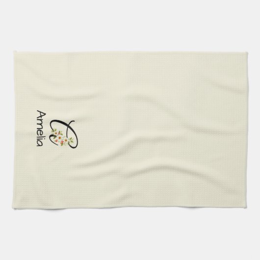 Waterverf botanisch zwart initiaal monogram theedoek (Horizontaal)
