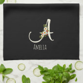 Waterverf botanisch zwart initieel monogram theedoek (Gevouwen)