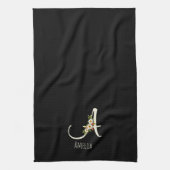 Waterverf botanisch zwart initieel monogram theedoek (Verticaal)