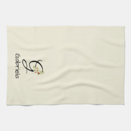 Waterverf botanisch zwart initieel monogram theedoek