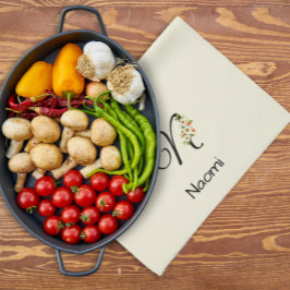 Waterverf botanisch zwart initieel monogram theedoek