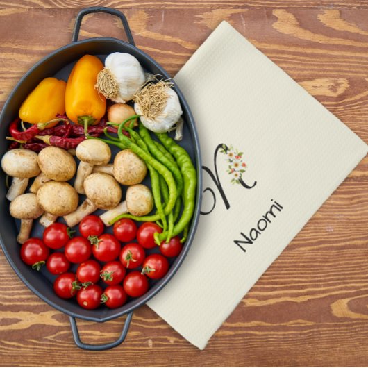 Waterverf botanisch zwart initieel monogram theedoek