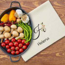 Waterverf botanisch zwart initieel monogram theedoek