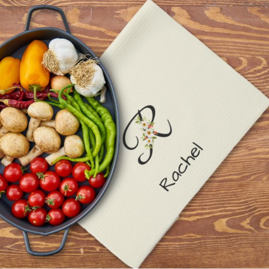 Waterverf botanisch zwart initieel monogram theedoek