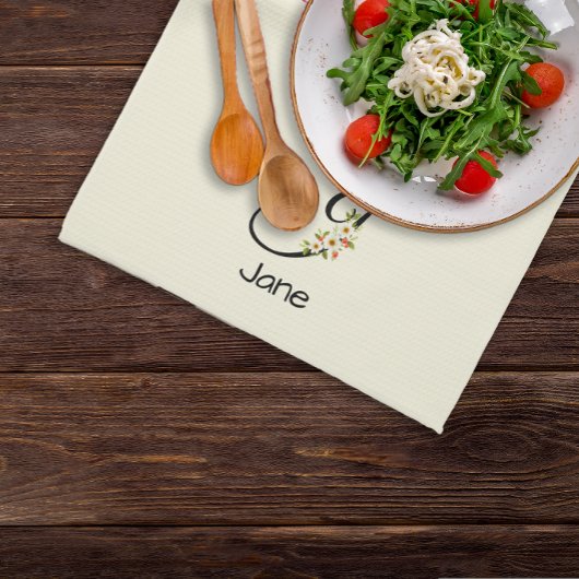 Waterverf botanisch zwart initieel monogram theedoek