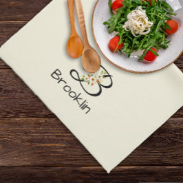Waterverf botanisch zwart initieel monogram theedoek