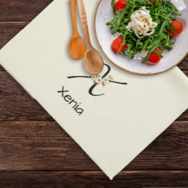 Waterverf botanisch zwart initieel monogram theedoek