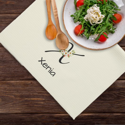 Waterverf botanisch zwart initieel monogram theedoek