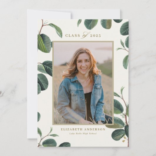 Waterverf Botanische bladeren Beige Foto Afstudere Aankondiging (Voorkant)