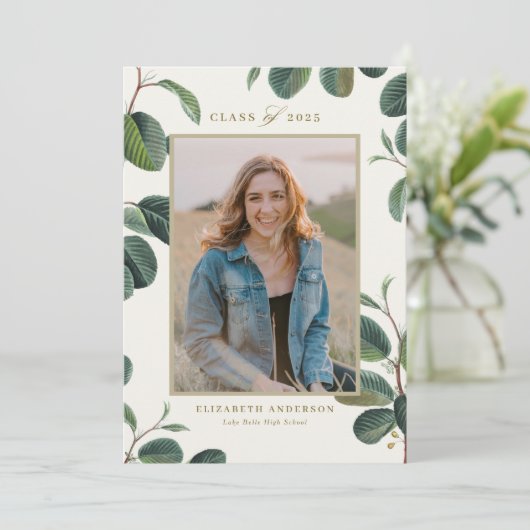 Waterverf Botanische bladeren Beige Foto Afstudere Aankondiging (Staand voorkant)