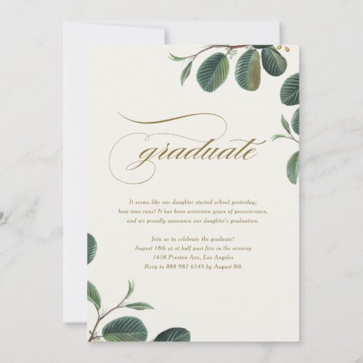 Waterverf Botanische bladeren Beige Foto Afstudere Aankondiging (Achterkant)