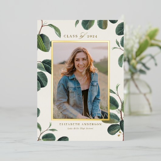 Waterverf Botanische bladeren Beige Foto Afstudere Folie Uitnodiging (Staand Voorkant)