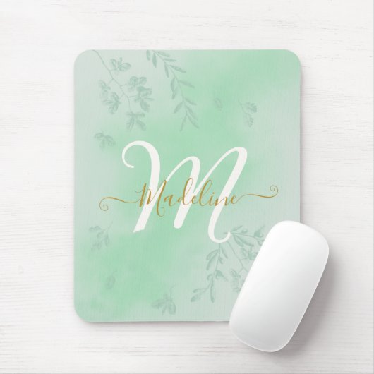 Waterverf Botanische bladeren Bladgroen Monogram Muismat (Met muis)