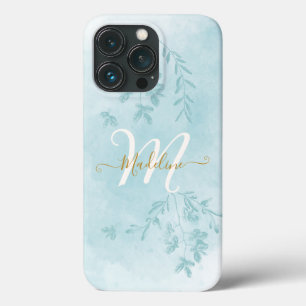 Waterverf Botanische bladeren Blauw Monogram Case-Mate iPhone Case
