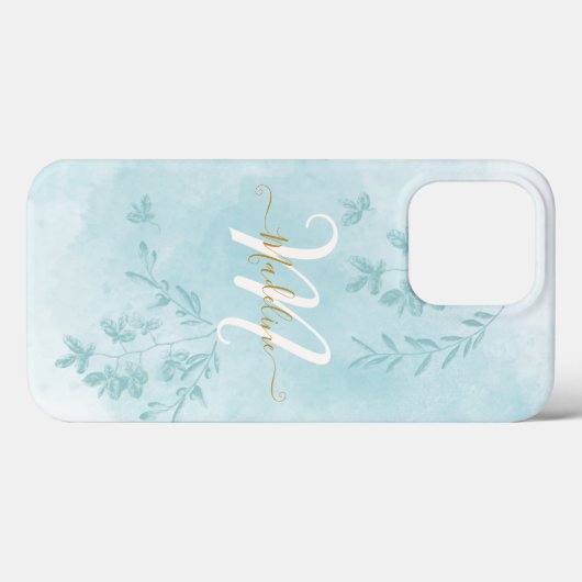 Waterverf Botanische bladeren Blauw Monogram Case-Mate iPhone Case (Achterkant (horizontaal))