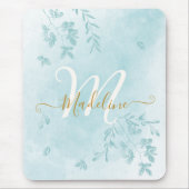 Waterverf Botanische bladeren Blauw Monogram Muismat (Voorkant)