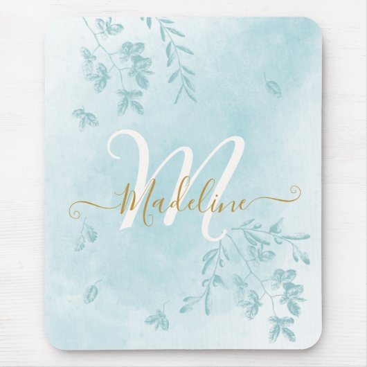 Waterverf Botanische bladeren Blauw Monogram Muismat (Voorkant)