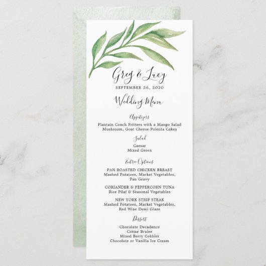 Waterverf Botanische bladeren Bruiloft Receptie Me Menu (Voorkant / Achterkant)