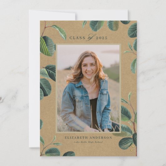 Waterverf Botanische bladeren Kraft Foto Afstudere Aankondiging (Voorkant)