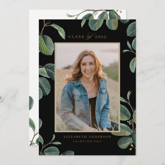 Waterverf Botanische bladeren Zwarte foto Afstuder Aankondiging (Voorkant / Achterkant)