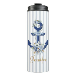 waterverf botanische blauw nautische strepen goud thermosbeker