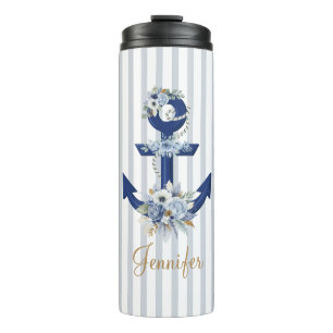 waterverf botanische blauw nautische strepen goud thermosbeker