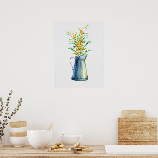 Waterverf Botanische Blauwe Gele Vase Poster (Keuken)