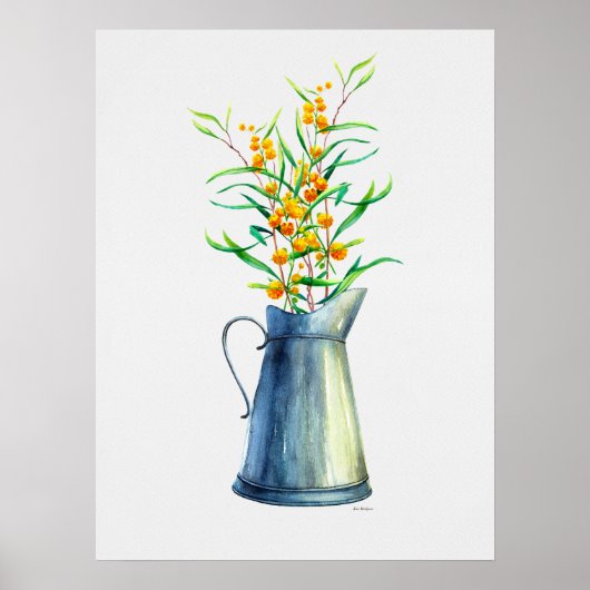 Waterverf Botanische Blauwe Gele Vase Poster (Voorkant)