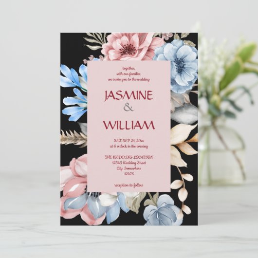 waterverf botanische blauwe & roze bloemen kaart (Staand voorkant)