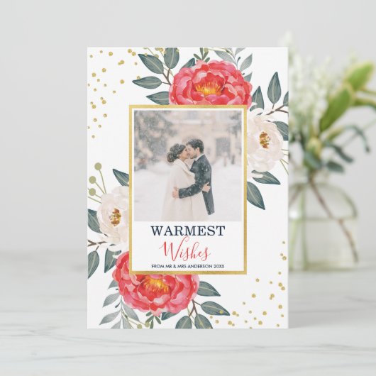 Waterverf Botanische Bloem / Rood, Wit & Goud Feestdagenkaart (Staand voorkant)