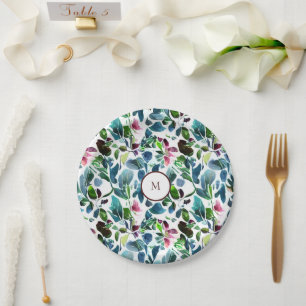 Waterverf botanische bloemen elegant monogram papieren bordje