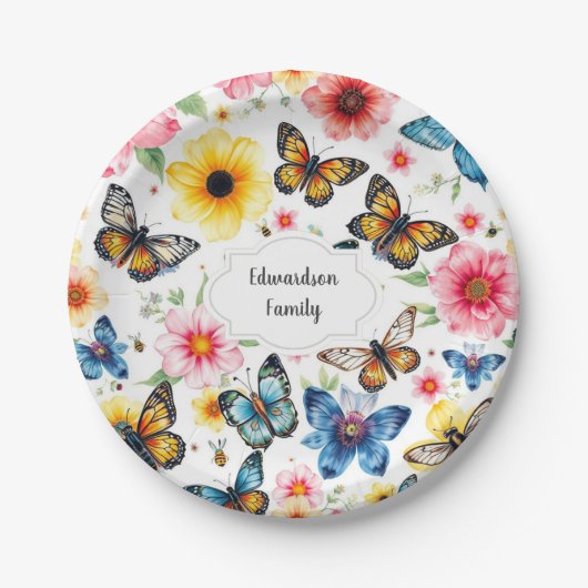 Waterverf botanische bloemen elegant monogram papieren bordje (Voorkant)