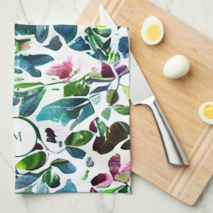Waterverf botanische bloemen elegant monogram theedoek