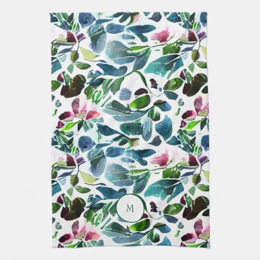 Waterverf botanische bloemen elegant monogram theedoek (Verticaal)