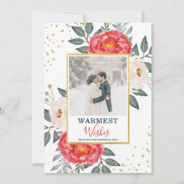Waterverf Botanische Bloemen / Rood, Wit & Goud Feestdagenkaart