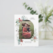 Waterverf Botanische Bloemenboog Foto Kerstmis Feestdagenkaart (Staand voorkant)