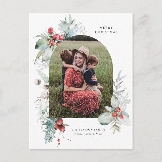 Waterverf Botanische Bloemenboog Foto Kerstmis Feestdagenkaart (Voorkant)
