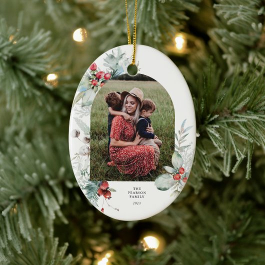 Waterverf Botanische Bloemenboog Foto Kerstmis Keramisch Ornament (Boom)