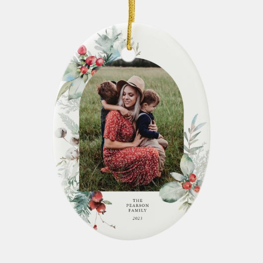 Waterverf Botanische Bloemenboog Foto Kerstmis Keramisch Ornament (Voorkant)