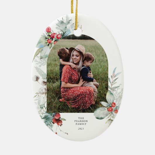 Waterverf Botanische Bloemenboog Foto Kerstmis Keramisch Ornament (Achterkant)