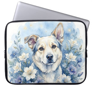 Waterverf Botanische Bloemige Hond Portret Laptop Sleeve