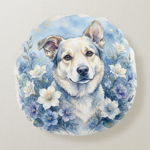 Waterverf Botanische Bloemige Hond Portret Rond Kussen