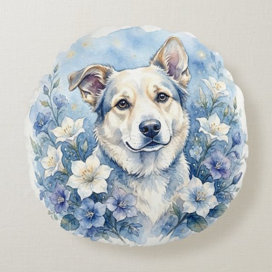 Waterverf Botanische Bloemige Hond Portret Rond Kussen (Voorkant)