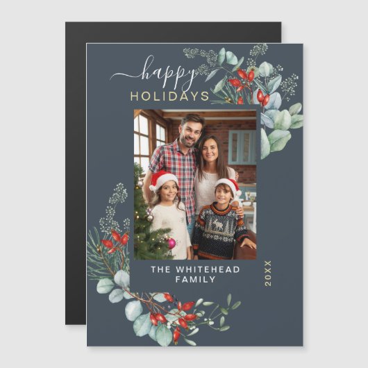 Waterverf Botanische Blue Holiday Magnet Kaart (Voorkant / Achterkant)