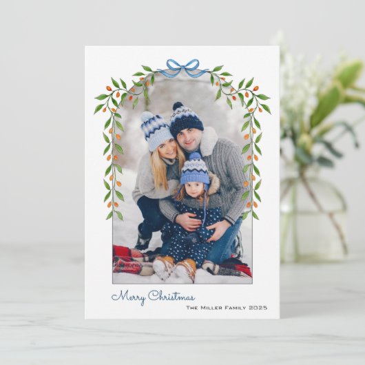 Waterverf Botanische boog Lijst Foto Kerstmis Feestdagenkaart (Staand voorkant)