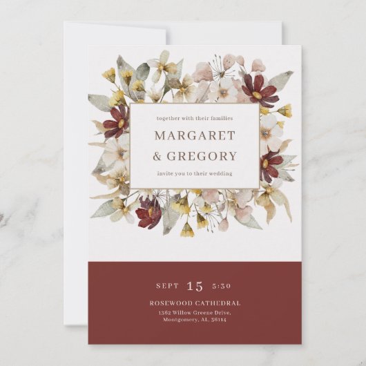 Waterverf Botanische Bordeaux bruiloft Kaart (Voorkant)
